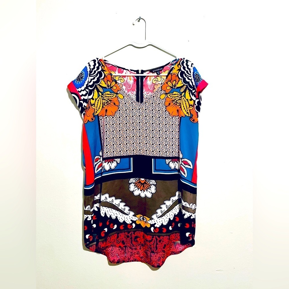 Express Womens‎ Short Sleeve Blouse M Boho Babydoll Colorful Floral
